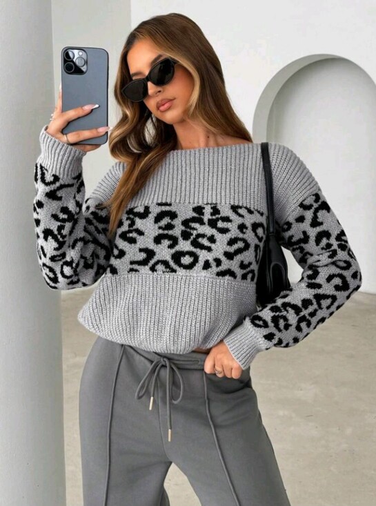 Sweaters - Women's Leopard Print Patchwork Long Sleeve Pullover Sweatshirt,Long